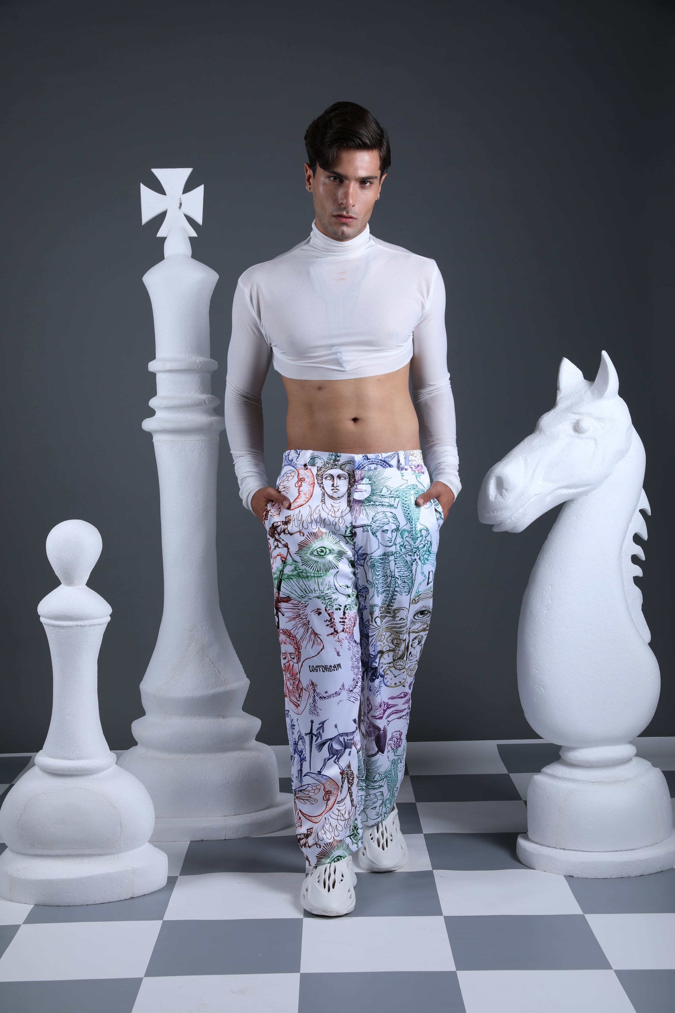 White straight fit pants with multi color prin